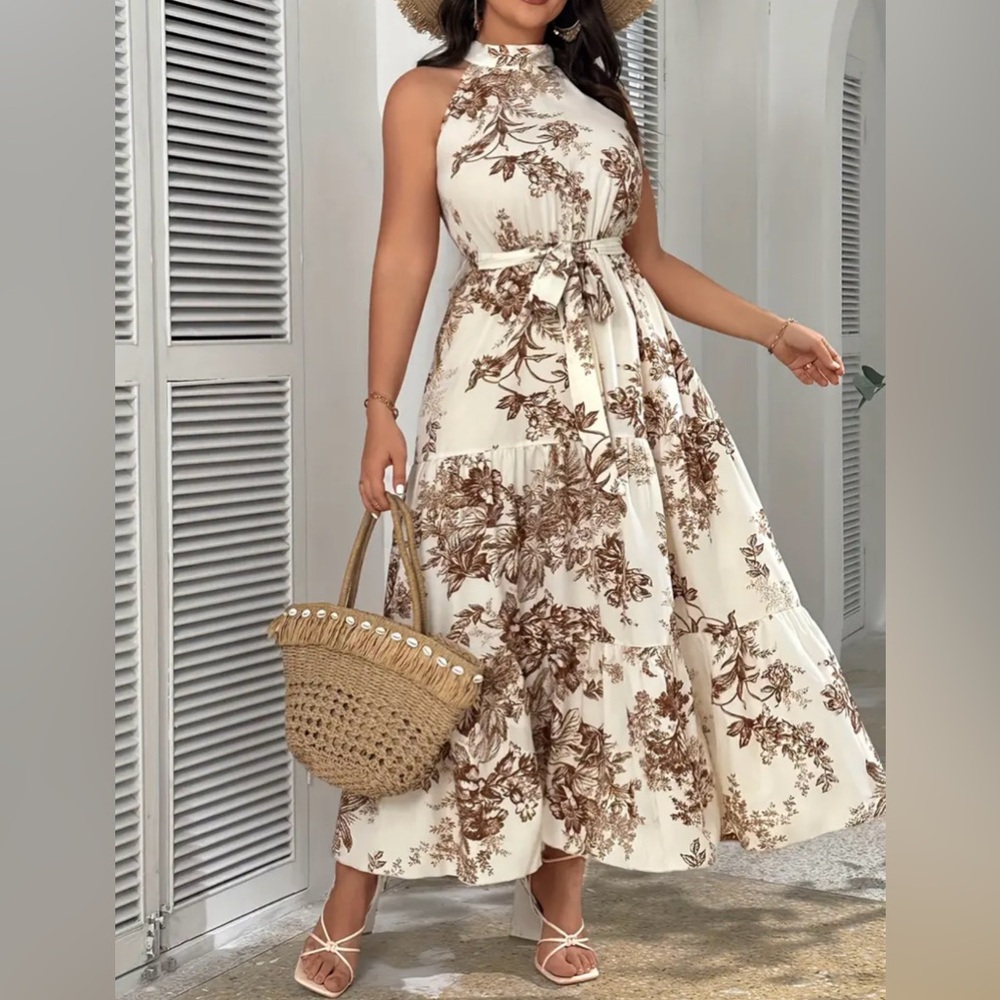 Plus Size Floral Charm - Vibrant Halter Dress with Adjustable Waist Tie